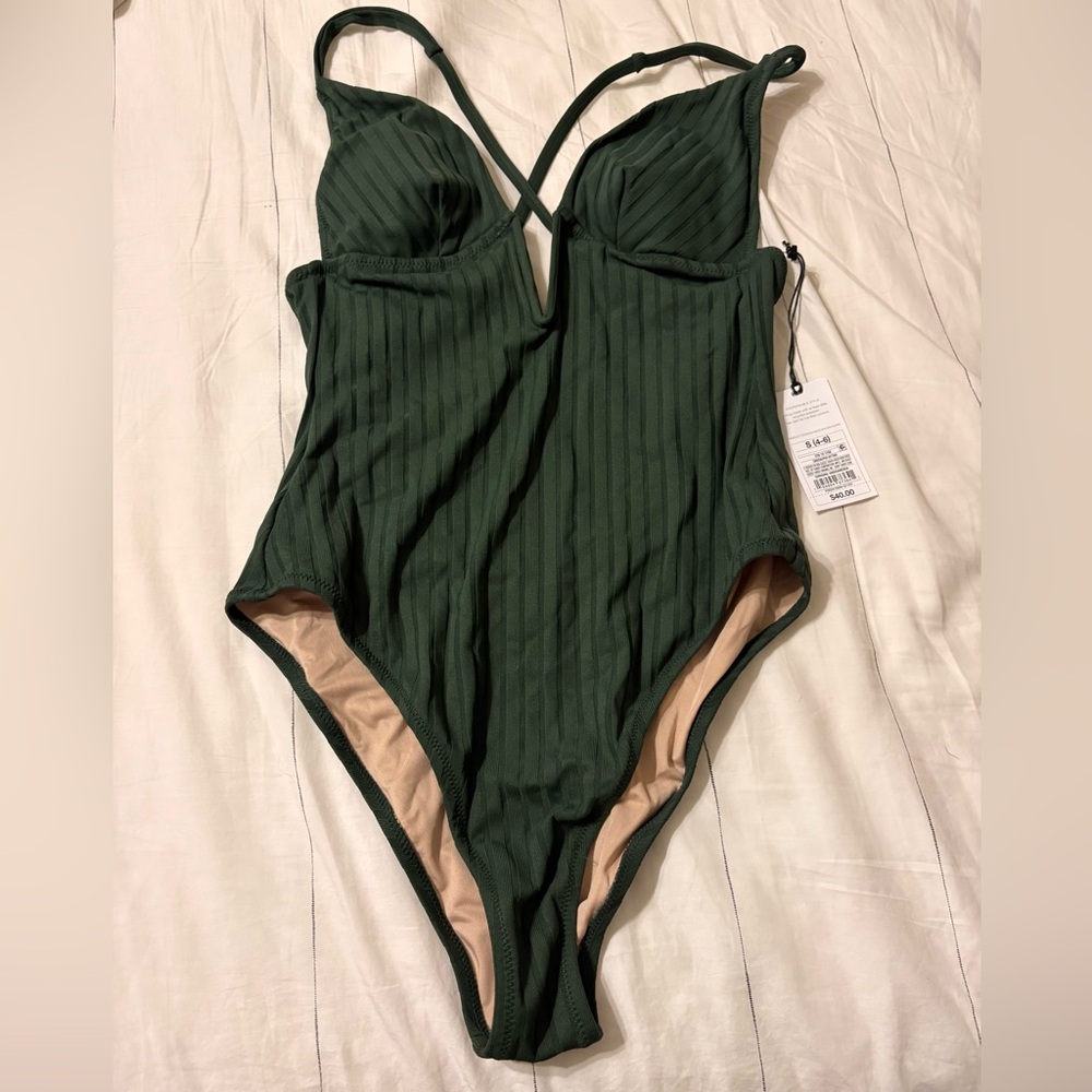 Green Ribbed Plunge Woman’s One Piece Swimsuit